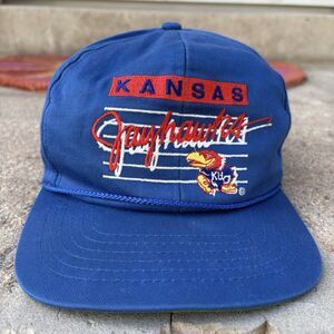 Vintage Kansas Jayhawks Snapback Hat 90s KU Logo Script Cap Blue NCAA USA Made